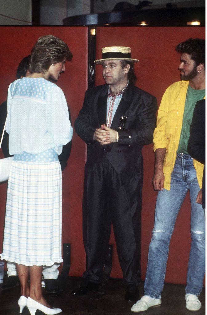 George Michael (rechts) mit Elton John und Lady Di beim Live-Aid-Konzert für Afrika im Jahr 1985.