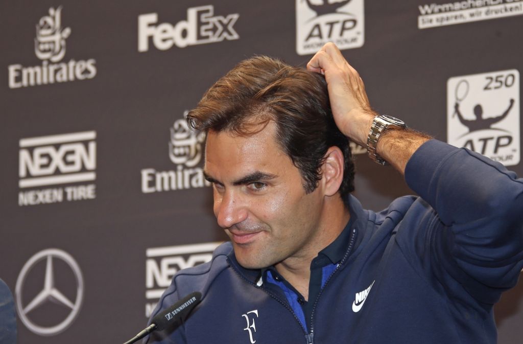Bei der Pressekonferenz vor dem Start von Roger Federer beim Mercedes-Cup zeigt sich der Schweizer zuversichtlich. Foto: Pressefoto Baumann
