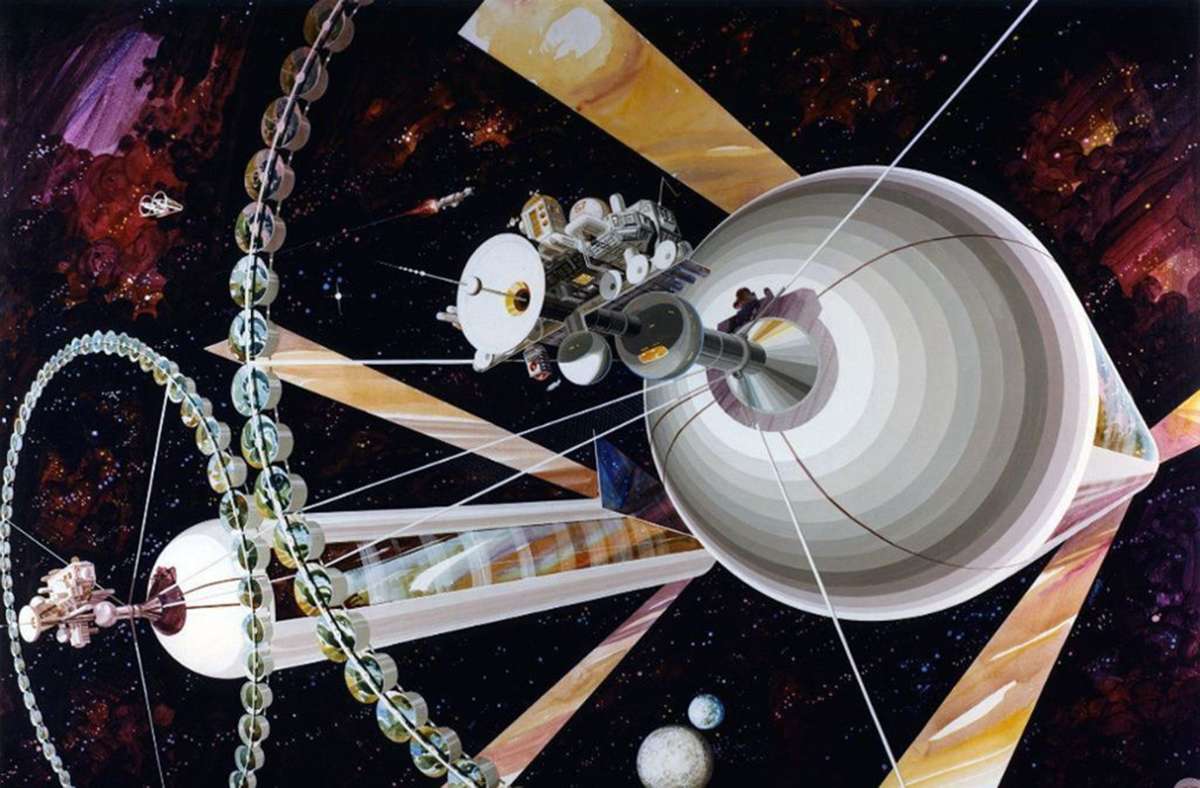 Illustration zweier O’Neill-Zylinder: Diese Vision von Weltraumkolonien in Form von Hohlkugeln entwarf der Physiker Gerard K. O’Neill (1927-1992).