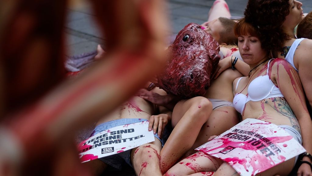 Peta-Aktion in Stuttgart: Blutiger Fleisch-Protest auf der Königstraße