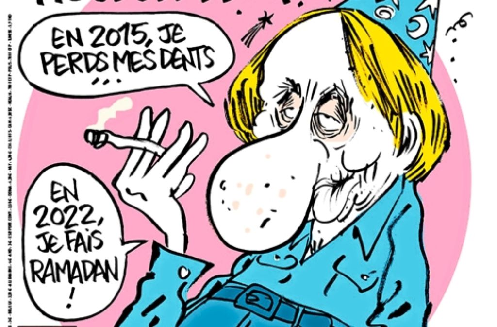 Die aktuelle Titelseite des Satiremagazins „Charlie Hebdo“ ziert das Konterfei des (auch in Wirklichkeit durchaus vom  Leben gezeichneten) Schriftstellers Michel Houellebecq. Foto: StZ