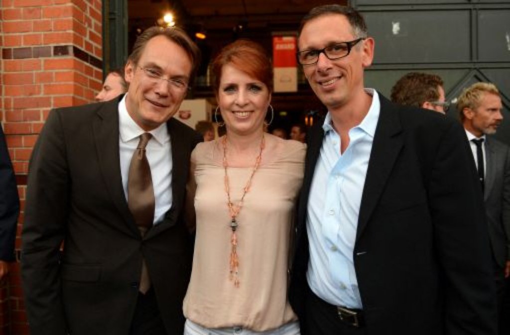 TV-Moderatorin Monica Lierhaus mit Ehemann Rolf Hellgardt und dem TV-Sportmoderator und WDR-Sportchef Steffen Simon (rechts).