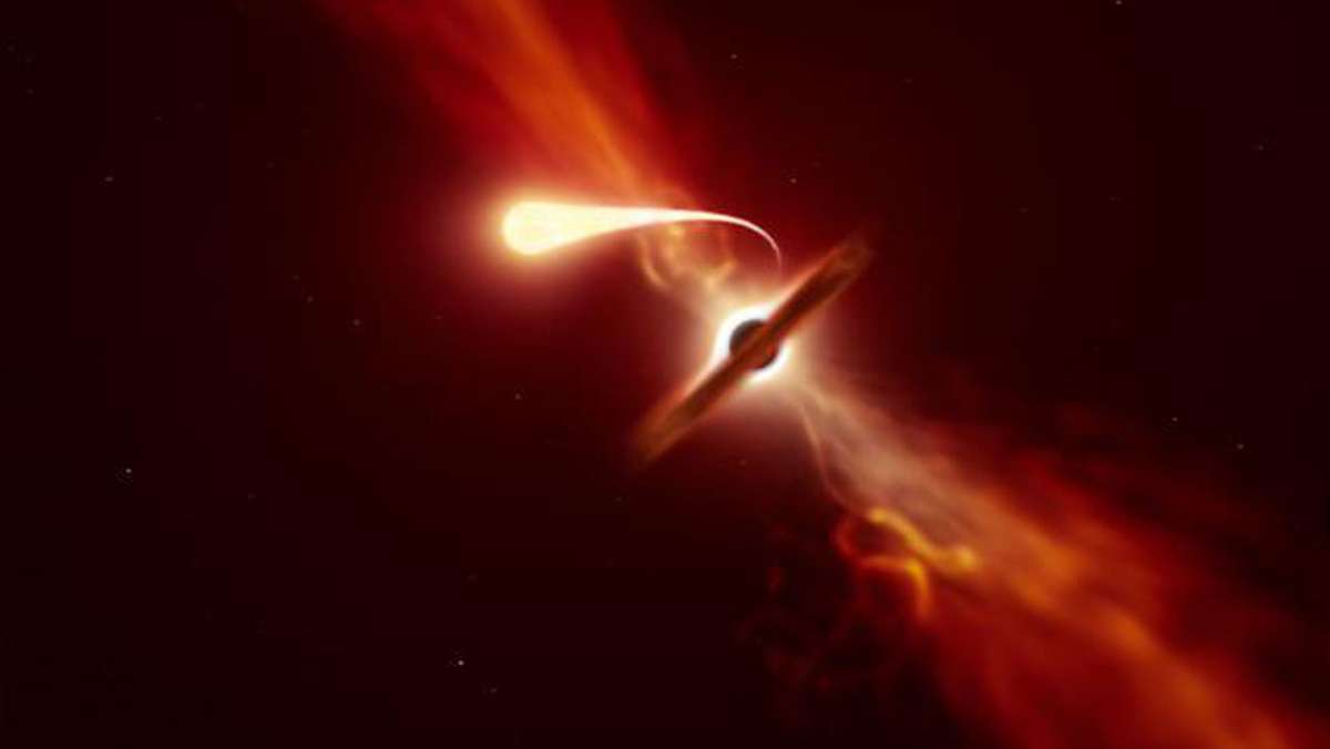  Kommt ein Stern zu nahe an ein Schwarzes Loch heran, wird er von der extremen Anziehungskraft angesaugt und kann dabei in lange Fäden gezogen werden. Forscher haben diese „Spaghettifizierung“ jetzt beobachtet. 
