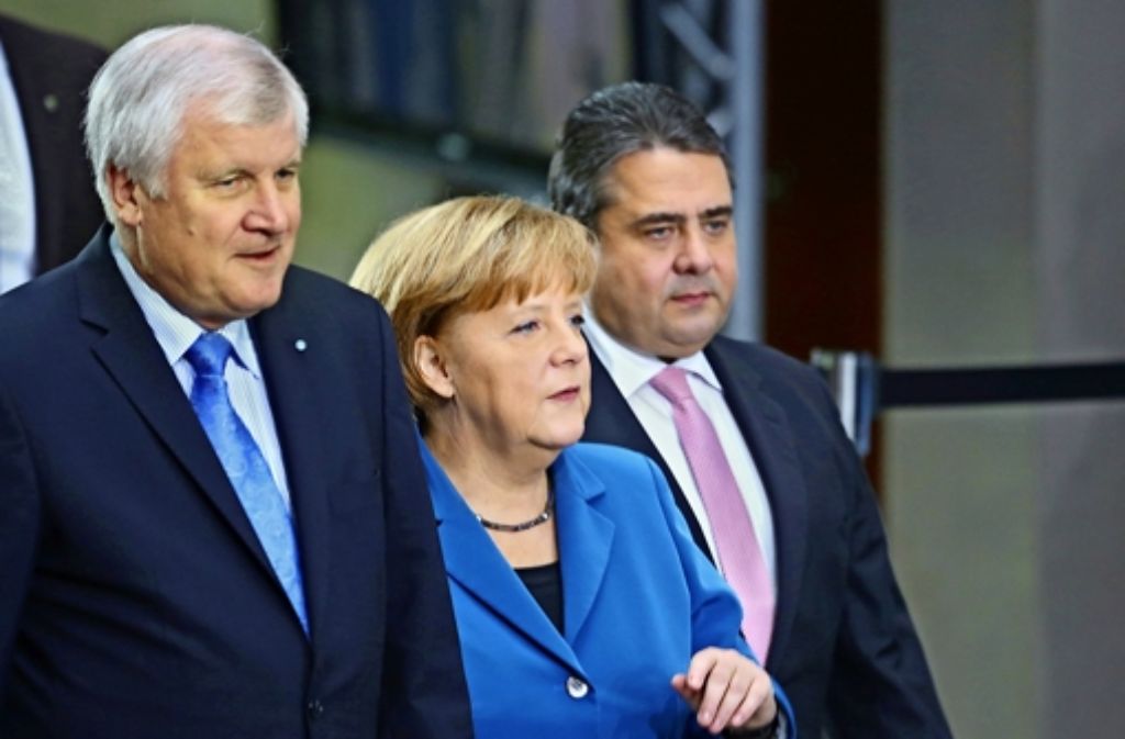 Die Elefanten-Runde mit den Parteichefs Seehofer, Merkel und Gabriel Foto: dpa