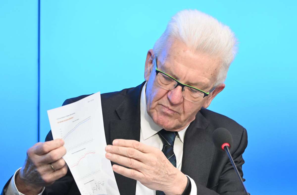 Kretschmann am Dienstag bei der Regierungspressekonferenz – seine vorsichtige Haltung hatte er mit Kurvendiagrammen erläutert. Foto: dpa/Bernd Weißbrod