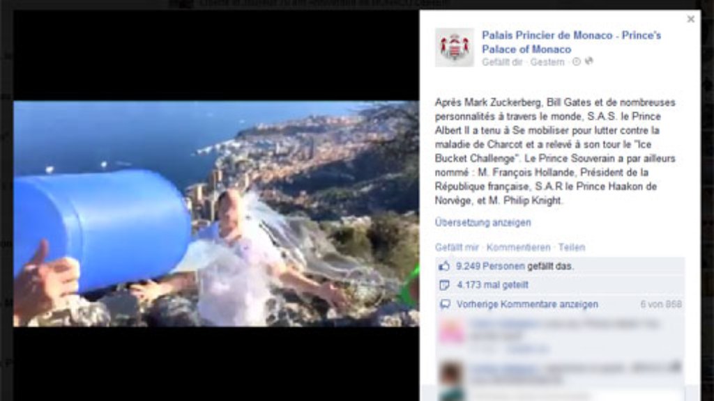  Fürst Albert II. von Monaco hats getan: Der monegassische Hof stellte am Mittwoch einen Videoclip ins Netz, auf dem Albert bei der Ice Bucket Challenge zu sehen ist. Nominiert hat der Fürst anschließend Frankreichs Staatspräsident François Hollande und Kronprinz Haakon von Norwegen. 