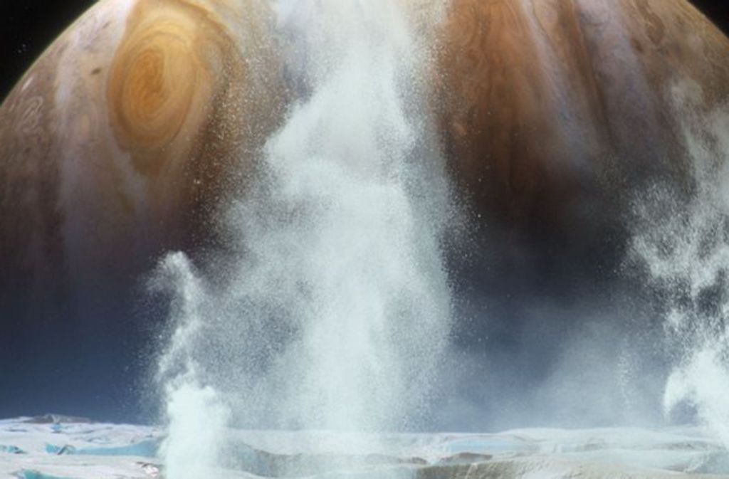 Künstlerische Darstellung der Wasserdampf-Geysire auf dem Jupitermond Europa.