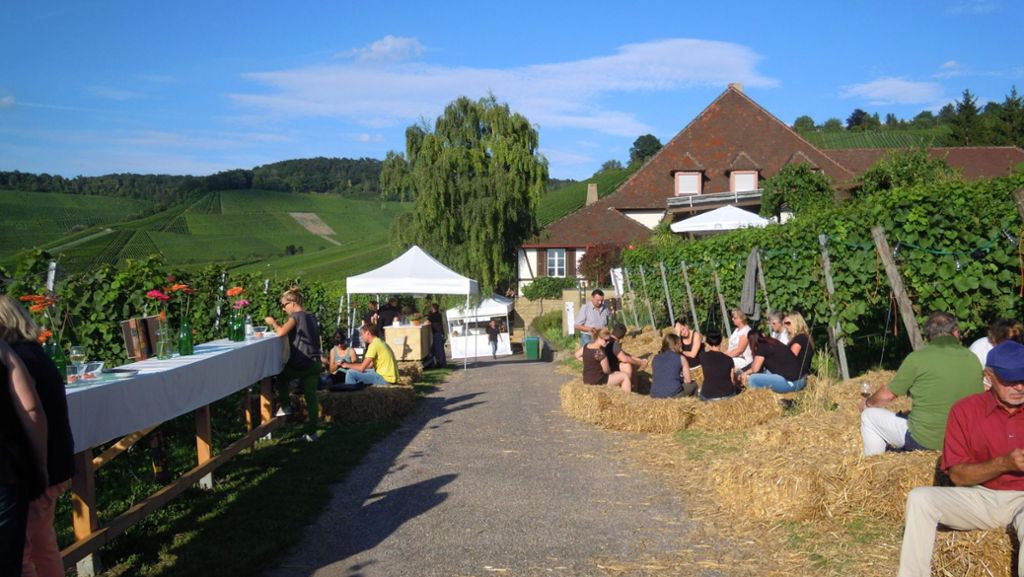  Am Wochenende haben die Rotenberger Kelter zum zehnten Mal zur Weinmeile eingeladen. Die Besucher sitzen dabei auf Strohballen, trinken Wein, essen Fisch und haben einen weiten Blick übers Neckartal. 
